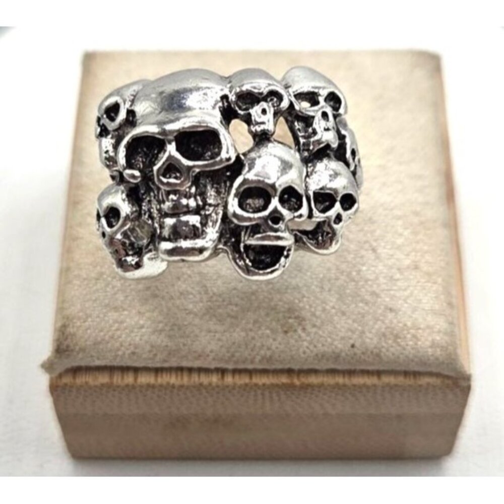 Silver Tone Multi Skull Ring Adjustable Gothic Style
